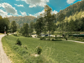 Tour Buses Parked in the Foothills of the Black Forest. Tourism concept. Located within the Black Forest in Breitnau, Germany.