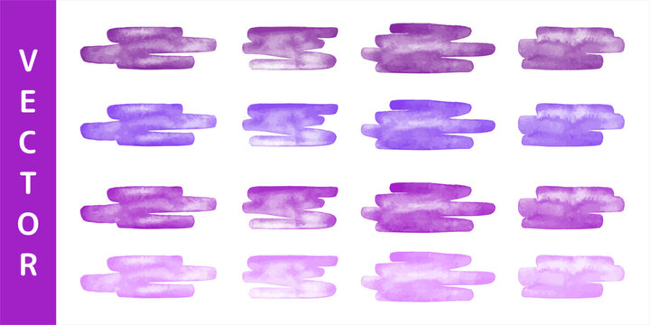 Purple watercolor vector brush strokes, scribbles, squiggles set. Violet, lilac text backgrounds collection. Hand drawn fire colors watercolour smears, smudges, banners. Aquarelle stains template