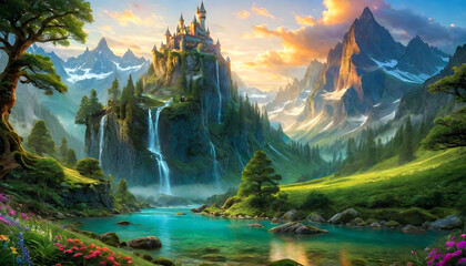 Fantasy Landscape, Fictional, Dreamlike, Imaginary, Magical, Enchanted, Unreal, Mythical, Surreal, Wonderland, Fairy Tale, Epic, Whimsical, Adventure, AI Generated