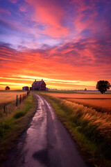 Serene Sunrise: A Scenic View of an Empty Road, Golden Wheat Field, and Farmhouse in Rural Landscape
