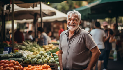 Cheerful Senior Man Enjoying a Farmers Market - Healthy Lifestyle Concept - obrazy, fototapety, plakaty