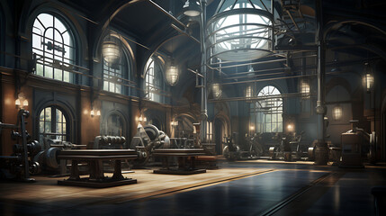 Naklejka na ściany i meble A gym interior inspired by the concept of time travel, using elements from different historical eras.