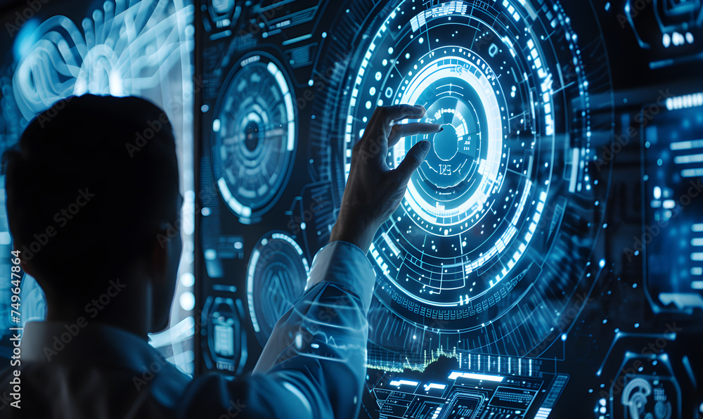 Aufkleber a man touch an artificial intelligence interface in a hightech futuristic scenario