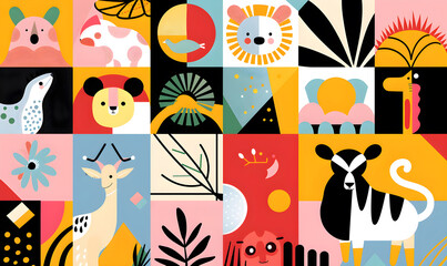the geometric flat 2d illustration features an assortment of animals, in the style of bold graphic shapes,