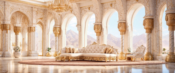 Interior of the guest room of a luxurious palace with white marble floor and walls and elegant golden details. Interiors and decoration.