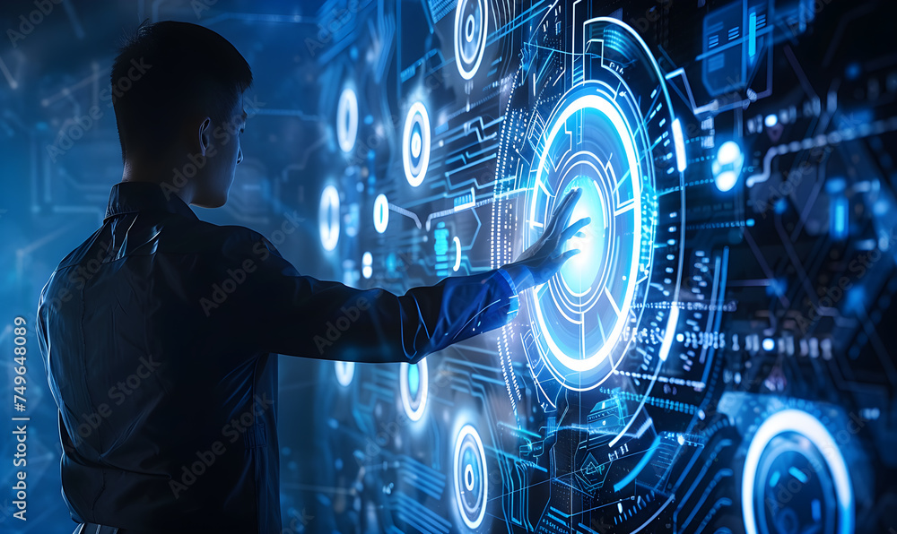 Aufkleber a man touch an artificial intelligence interface in a hightech futuristic scenario