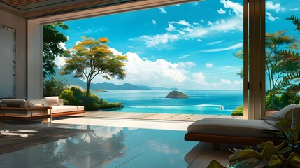 Luxury hotel villa house patio mansion style living relaxing room with big window and view on sea...