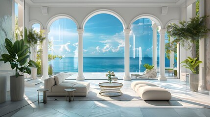 Luxury hotel villa house patio mansion style living relaxing room with big window and view on sea ocean landscape background.