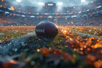 A football stadium without people, close up of the ground with a football in the foreground. 