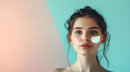 Full upper body shot of Beautiful young woman with sun protection cream on her face against pastel backgroun - obrazy, fototapety, plakaty