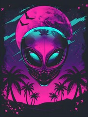 alien with ufo, with palm trees and a sunset, in the style of neon color palette, tanbi kei, toonami, light black and magenta, eastern and western fusion, punk rock aesthetic, cherry blossoms