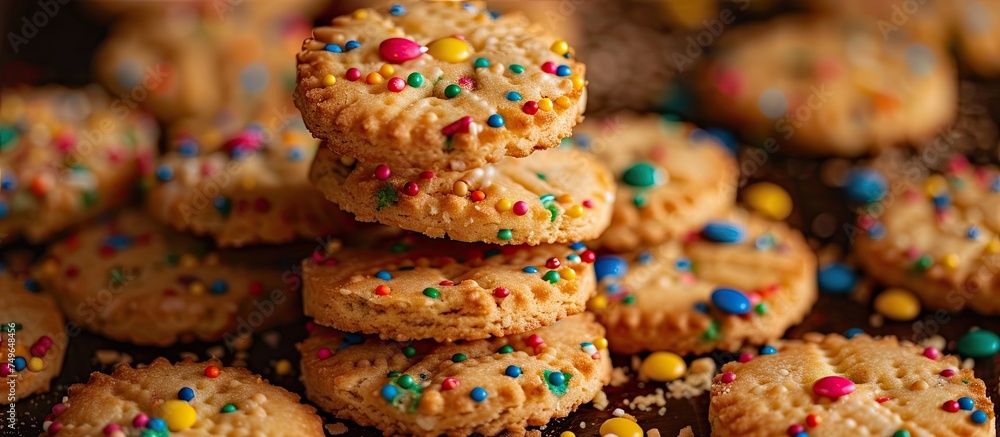 Poster a detailed view of a stack of freshly baked cookies covered in colorful sprinkles, creating a mouth-