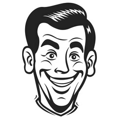 cartoon of a handsome smiling mans face with a smile, black on white background, mascot logo, simple design, expense lines, retro, simple, line art