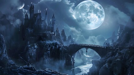 Castle, bridge and river under the full moon. Princess Castle on the cliff
