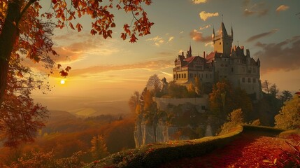 Castle on the hill in sunset with pastel color sky and orange autumn garden and park. 