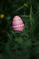A single well hidden pink Easter Egg with intricate carved design. Focus on Easter Egg found hidden in dense grass for Easter Egg hunt.