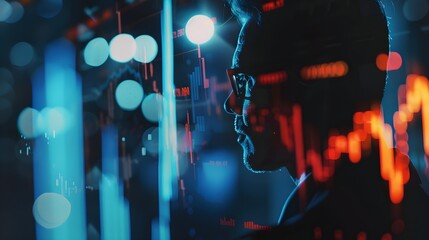 Close up of stock market trader. Stock exchange hologram with dark background