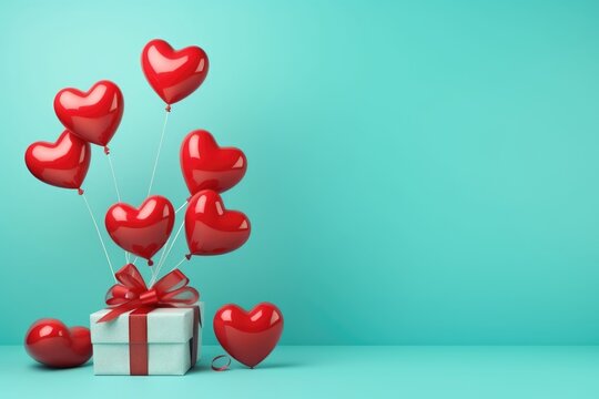 3D heart-shaped red balloons tied to a gift box on a teal background, depicting festive celebration and love.