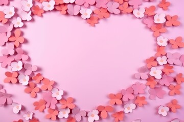 A creative heart-shaped frame made of paper flowers on a pink background.