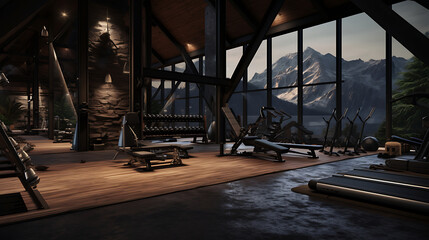 A gym interior inspired by the great outdoors, with a mountain lodge ambiance and outdoor-inspired...