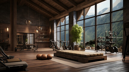 A gym interior inspired by the great outdoors, with a mountain lodge ambiance and outdoor-inspired equipment.