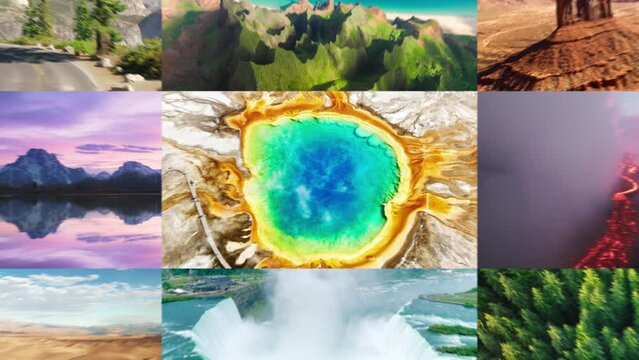 Zoom out collage Yellowstone National park USA. Grand Canyon, Olympic, Arcadia, Denali, Monument Valley, Yosemite, Death Valley, Bryce, Grand Teton, Sequoia Zion, Hawaii volcano National parks America