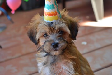 Small Dog Celebrating Birthday With Party Hat. Generative AI