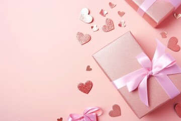 Pastel pink gift boxes with satin ribbon and scattered heart confetti on a pink background, expressing love and care.
