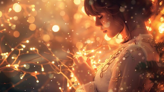Embraced by the warmth of glowing lights, a woman in a festive white dress brings the magic of Christmas to life, turning the holiday fantasy into a mesmerizing experience