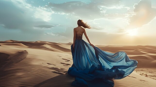 epic view of a woman in a flying luxurious blue dress stands with her back in the sand desert