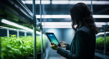 Woman Using Tablet in Indoor Hydroponic Farm. Perfect for agriculture technology, smart farming, sustainable agriculture promotions, and agribusiness marketing.