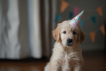 Dog With Party Hat Sitting on Floor. Generative AI