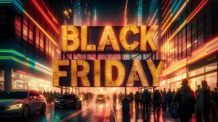 Black Friday neon illustration, shopping mall, glowing, Generative Ai.