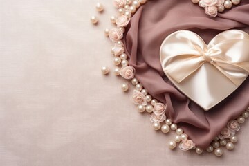 A heart-shaped gift box wrapped in a ribbon, surrounded by soft roses and pearls on satin.