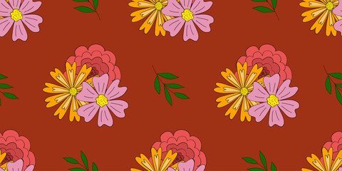 Fototapeta na wymiar Spring seamless pattern with meadow flowers, rose, daisy, calendula and branches, on red, vector