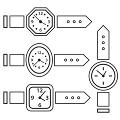 Hand watch set, black line isolated on white background, vector illustration.