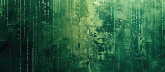 A vintage photo processed abstract green and black background featuring numerous lines resembling binary code on a computer screen texture. The lines crisscross and intersect, creating a complex and