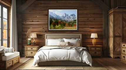 Framed landscape rectangle portrait wall art sitting in the middle of a cozy traditional bedroom