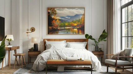 Framed landscape rectangle portrait wall art sitting in the middle of a cozy traditional bedroom
