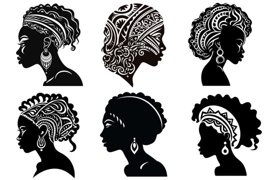 set of silhouette of a black beautiful african american ethnic aborigen woman  black and white vector illustration isolated transparent background logo, cut out or cutout t-shirt print design