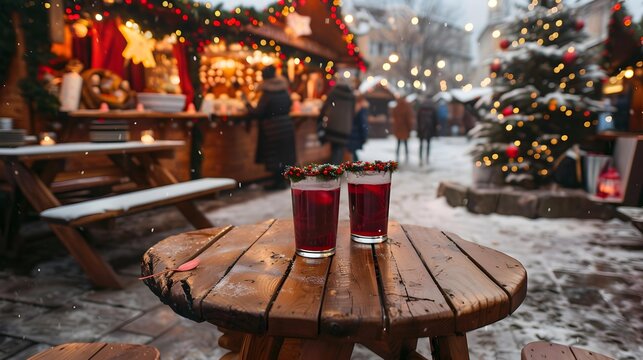 Fresh hot mulled wine a wooden table on Christmas market. Decorated and illuminated outdoor tables of a restaurant of cafe. Snowy winter day