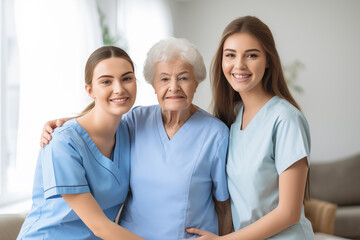 Fototapeta premium Senior Care: Compassionate Nurses with Elderly Woman - Healthcare Support