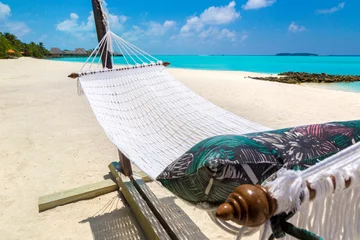 Crédence de cuisine en verre imprimé Bora Bora, Polynésie française Hammock at tropical beach