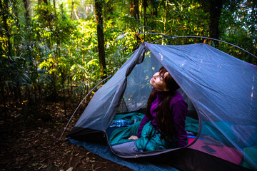 pretty girl sitting in a transparent tent and admiring unique rainforest at remote bush campground...