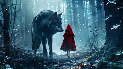 Little Red Riding Hood on a Thrilling Adventure. Mystery and Suspense - obrazy, fototapety, plakaty