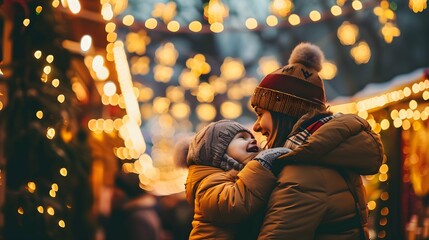 Mother and child having exciting time on traditional Christmas market on winter evening. Mother and kid enjoying themselves in Christmas town decorated with lights