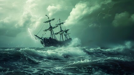 Old medieval ship, floating on waves on the ocean in a raging hurricane - obrazy, fototapety, plakaty