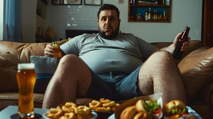 Overweight man sitting on couch Overeating Junk Food and Drinking Beer