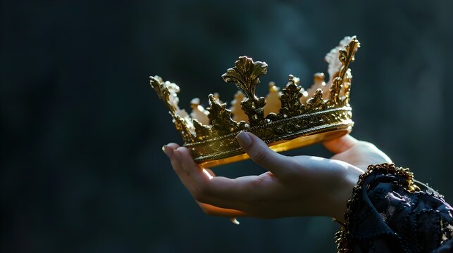 mysteriousand magical image of woman's hand holding a gold crown over gothic black background. Medieval period concept.