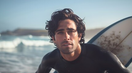 Portrait of good looking masculine male surfer with dark hair & black wetsuit, surfboard on the beach, ocean in the background - obrazy, fototapety, plakaty